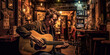 © Sunshower Shots - Musician playing guitar in Irish pub, trad music session. Generative AI