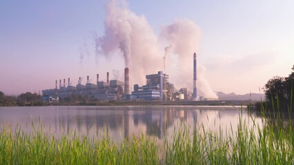 Wall Mural - time lapse video 4k motion. high voltage poles, coal power plant and fog in the morning. mae moh coa