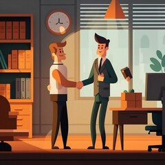 Cartoon style illustration of two businessmen shaking hands inside a company office