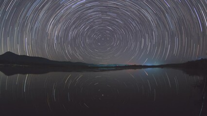 Wall Mural - 4K Time-Lapse Video motion and lake of Beautiful Star Trails and space dust in the universe, long speed exposure over lake and mountain, Mae moh, Lampang, Thailand.