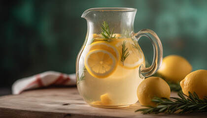 Wall Mural - Fresh lemonade in a rustic wooden jug generative AI