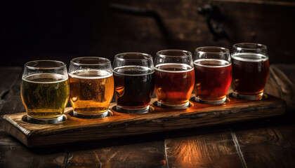 Canvas Print - Foamy craft beer poured into gold pint glass generated by AI