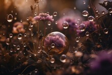 Mauve And Mustard Blooms Surrounded By Shimmering Bubbles And Water Droplets Evoke A Glittering, Dreamy Atmosphere. Generative AI