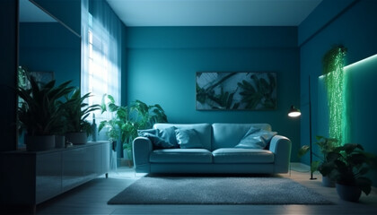 Poster - Comfortable modern living room illuminated by blue lighting generative AI