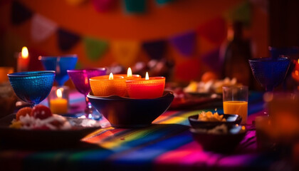 Wall Mural - Multi colored candles illuminate table for celebration generative AI