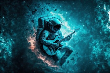 Contemporary abstract art of astronaut or spaceman floating in the vastness of space while playing guitar in dark blue universe with brighten stars and nebular background. Superb Generative AI.