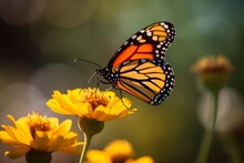 Close Up Of An Orange Monarch Butterfly On Yellow Flower With A Bokeh Background - Generative AI