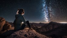 Young woman hiker looking at the milky way in the mountains, Generative AI