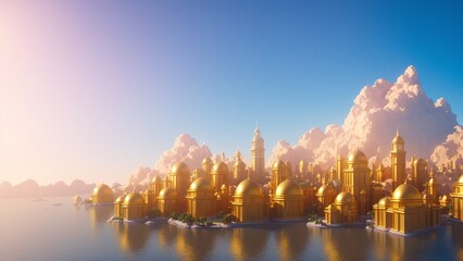 Wall Mural - A Compelling Large Golden Castle On A Lake With A Sky Background AI Generative