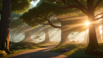 Wall Mural - An Excellent Image Of A Path Through A Forest With Sunbeams AI Generative