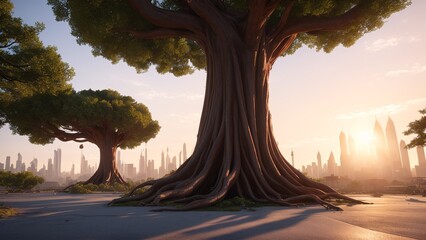 Wall Mural - An Enchanting View Of A City With A Tree In The Foreground AI Generative