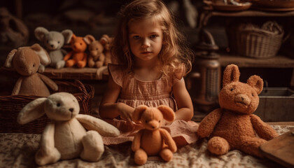 Poster - Smiling girls playing with cute teddy bear generated by AI