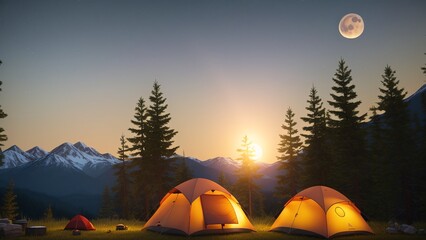 Wall Mural - A Captivating Illustration Of A Camping Site With Tents And A Full Moon AI Generative