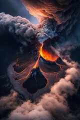 Wall Mural - (2:3) Colorful Serenity: A breathtaking aerial view of the tranquil volcano with lavflowing down the sides and ash clouds in the sky Morning during serene hours, with fantasy Generative AI