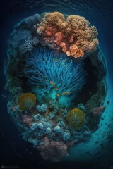 Wall Mural - (2:3) Fantasy meets colorful serenity in this beautiful aerial An underwater world with glowing corals and friendly secreatures Morning view featuring the tranquil hours Generative AI