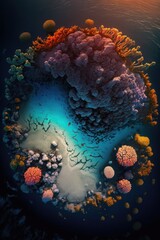 Wall Mural - (2:3) Colorful Serenity: A breathtaking aerial view of the tranquil An underwater world with glowing corals and friendly secreatures Sunset during serene hours, with fantasy Generative AI