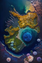 Wall Mural - (2:3) breathtaking aerial view of the colorful colorful, otherworldly planet with unique florand faunEvening captured during the serene hours, with a touch of fantasy Generative AI