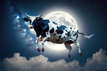 Cow Flying Against The Background Of Night Sky With Moon And Stars. Concert Of Children's Dreamy Dreams. Generative AI Illustration