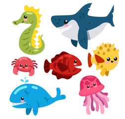 Wall Mural - Set of sea creatures on white background vector