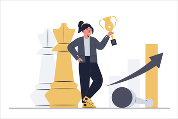 Wall Mural - A businesswoman devise strategies to achieve goals and trophies like walking chess.