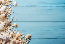 Blue Wooden Background And Sand, Summer Time Concept With Sea Shells And Starfish By Ai Generative