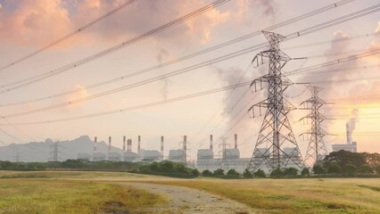 Wall Mural - time lapse video 4k motion. high voltage poles, coal power plant and fog in the morning. mae moh coa