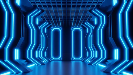 Poster - High tech tunnel sci-fi blue neon, Digital background, Abstract background, 3D rendering