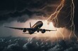 A jet flies through a storm with lightning; smoke in the sky, a jetliner in the foreground. Generative AI