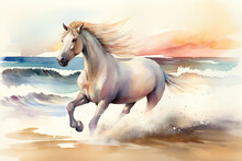 Illustrate A Watercolor Image Of A Unicorn With A Rainbow Tail Galloping On A Sandy Beach With Waves Crashing On The Shore