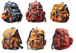 A collection of six school bags or backpacks in different colors on a transparent background, Generative AI
