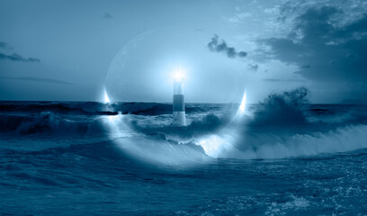 Poster - Rocky coastline with strong sea wave - Night sky with lighthouse,  Crescent moon in the sea wave