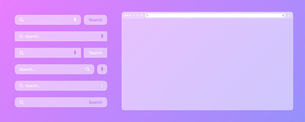Fototapete - Blank transparent internet browser window with various search bar templates. Web site engine with search box, address bar and text field. UI design, website interface elements. Vector illustration