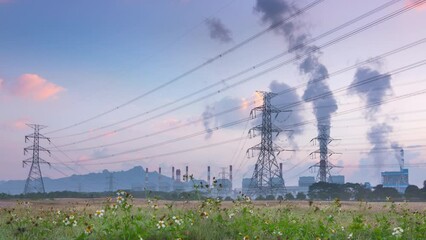 Wall Mural - time lapse video 4k motion. high voltage poles, coal power plant and fog in the morning. mae moh coa