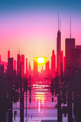 Sticker - City at sunset, 80s vibe. Generative AI