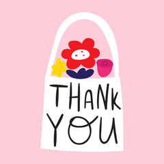 Wall Mural - Shopping bag with flowers. Thank you. Illustration on pink background.