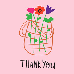Wall Mural - Bag with flowers. Thank you. Illustration on pink background.