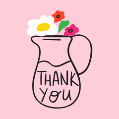 Wall Mural - Jar with flowers. Thank you. Hand drawn illustration on pink background.