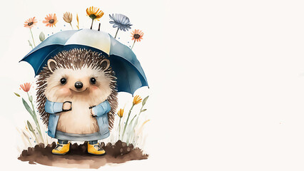 Cute cartoon hedgehog with Watercolor Spring Wheelbarrow, Spring Flowers. Generative AI