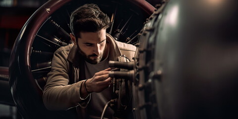 airline mechanic inspecting a plane before takeoff to ensure it is in safe operating condition Generative AI