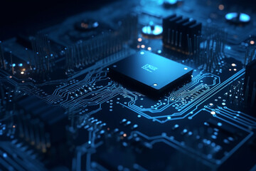 Poster -  Circuit Board Background with Waves and Glowing Dots,  Generative AI	