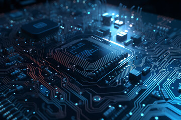 Poster - electronic blue Circuit Board Background with Waves and Glowing Dots,  Generative AI	