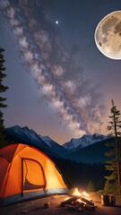 A Tasteful View Of A Tent And Campfire With A Full Moon In The Background AI Generative