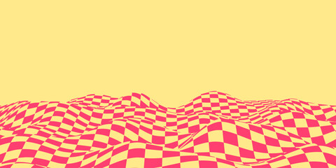 Wall Mural - Wavy orange chess board on yellow background. Chessboard concept. Wave distortion effect. Vector illustration.