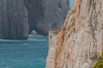 Poster - Aerial view of the Pan di Zucchero rock and the Porto Flavia mine on the west coast of Sardinia
