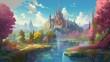 detailed fantasy art, magical realism, old school Disney style, Sunny day, blue sky, flowers, river