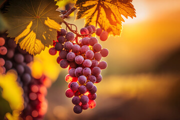 A bunch of ripe red grapes on a vine under the rays of the setting sun on blurred landscape background. Grapes for the production of red wine. Autumn harvest. Generative AI