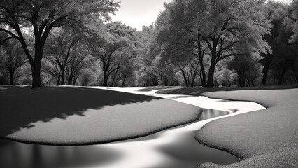 Wall Mural - A Wonderful Black And White Photo Of A Stream Running Through A Snow Covered Park AI Generative