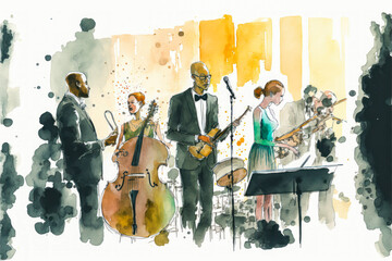 Formally dressed musicians holding various instruments on a stage. Watercolor illustration with cool colors, some warm touches and 3:2 H/L ratios. Generative AI