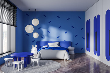 Blue child bedroom interior with bed and table