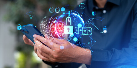 Poster - Man hands with smartphone, cybersecurity interface